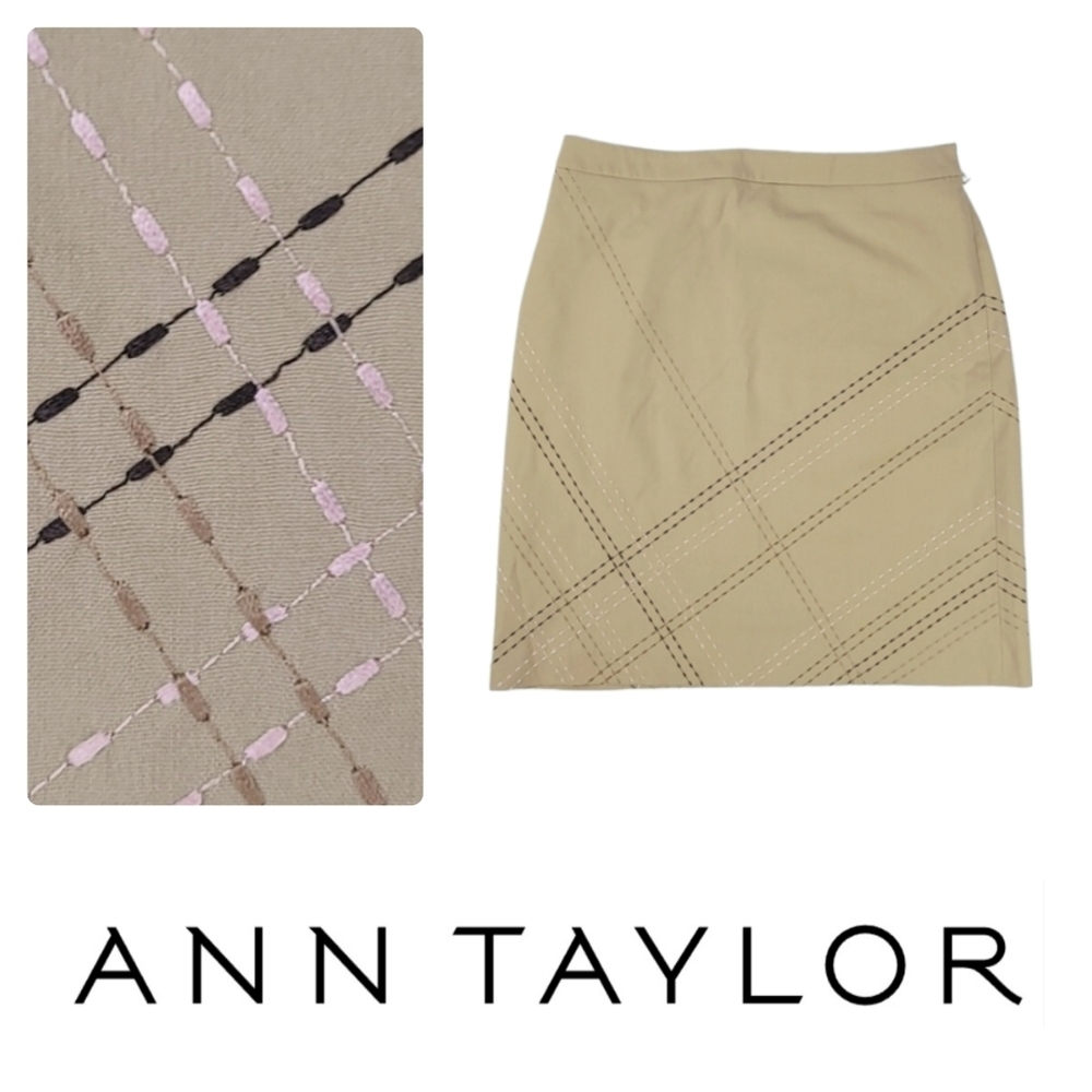 Ann Taylor Beige Embroidered Pencil Skirt
